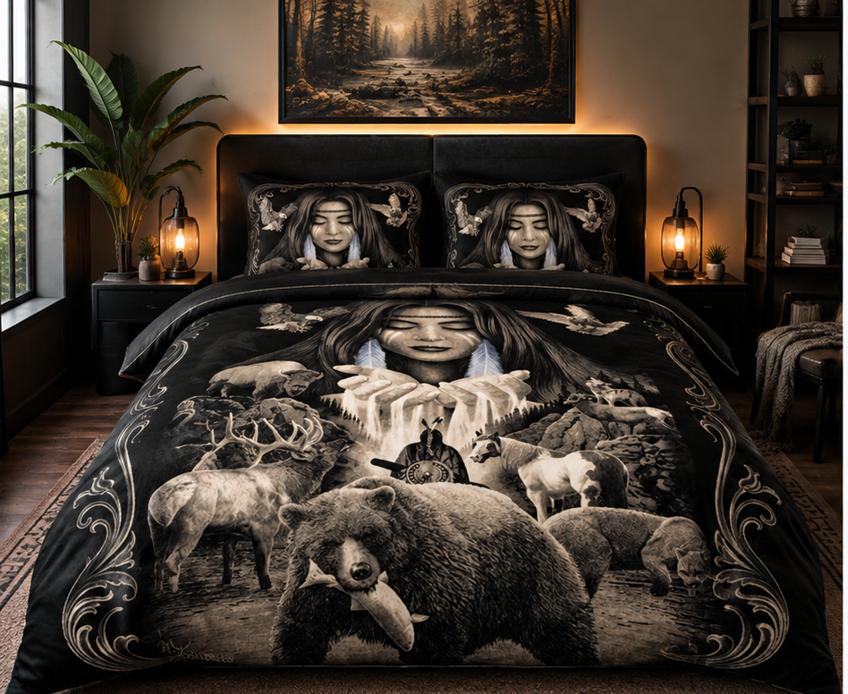 Spirit of the Wild Comforter Set – Indigenous-Inspired Woman, Bear & Wildlife Bedding