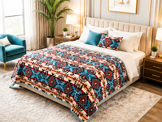 Turquoise & Red Bohemian Geometric Luxury Plush Blanket