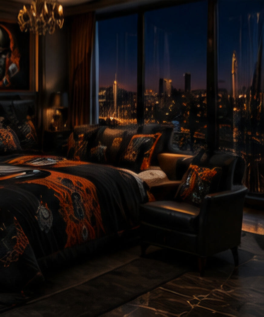 Black & Orange Flaming Biker Skull Luxury Plush Blanket – Motorcycle Engine Gothic Bedding