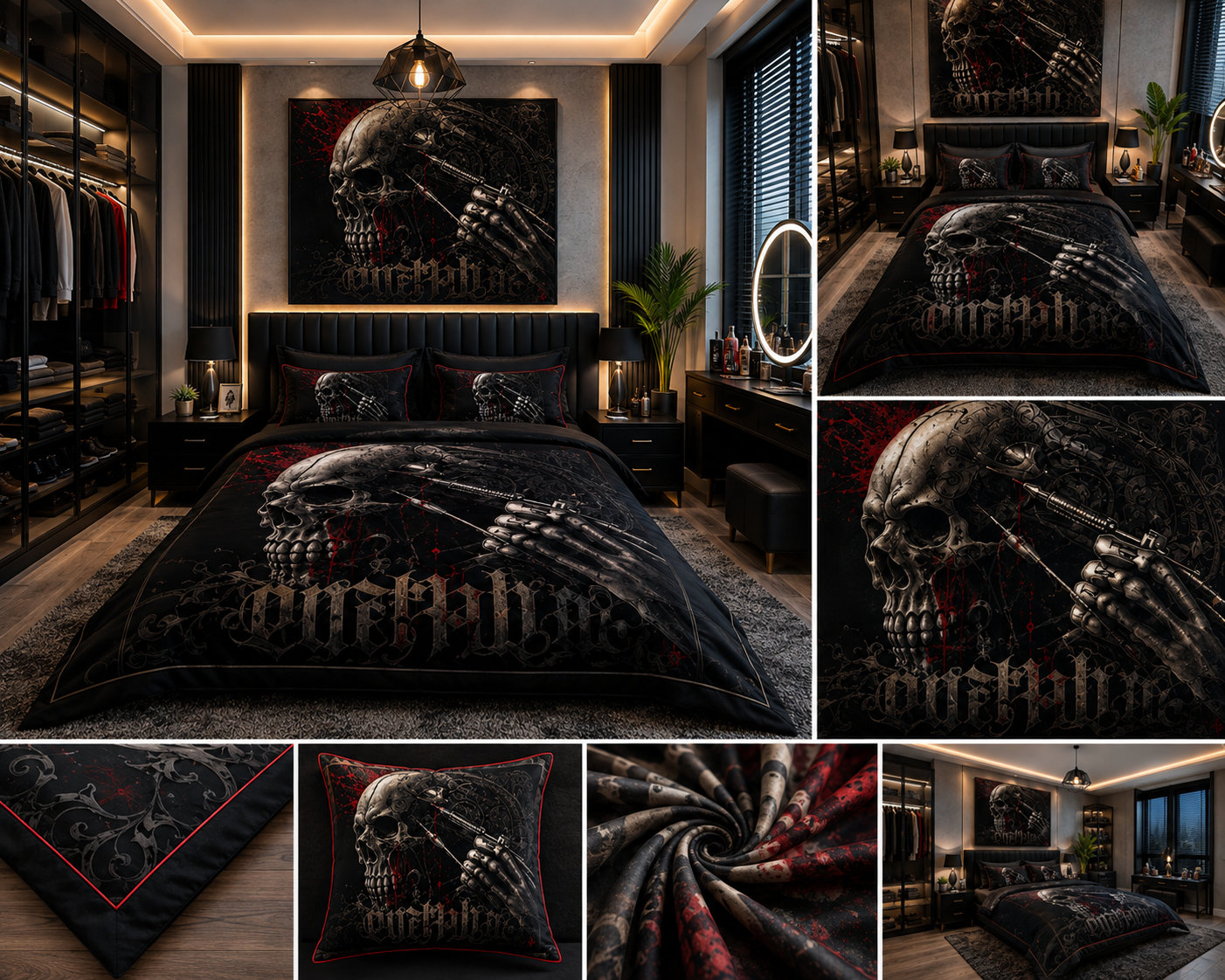 Dark Gothic Skull Revolver Luxury Plush Blanket – Black & Red Skull Statement Bedding