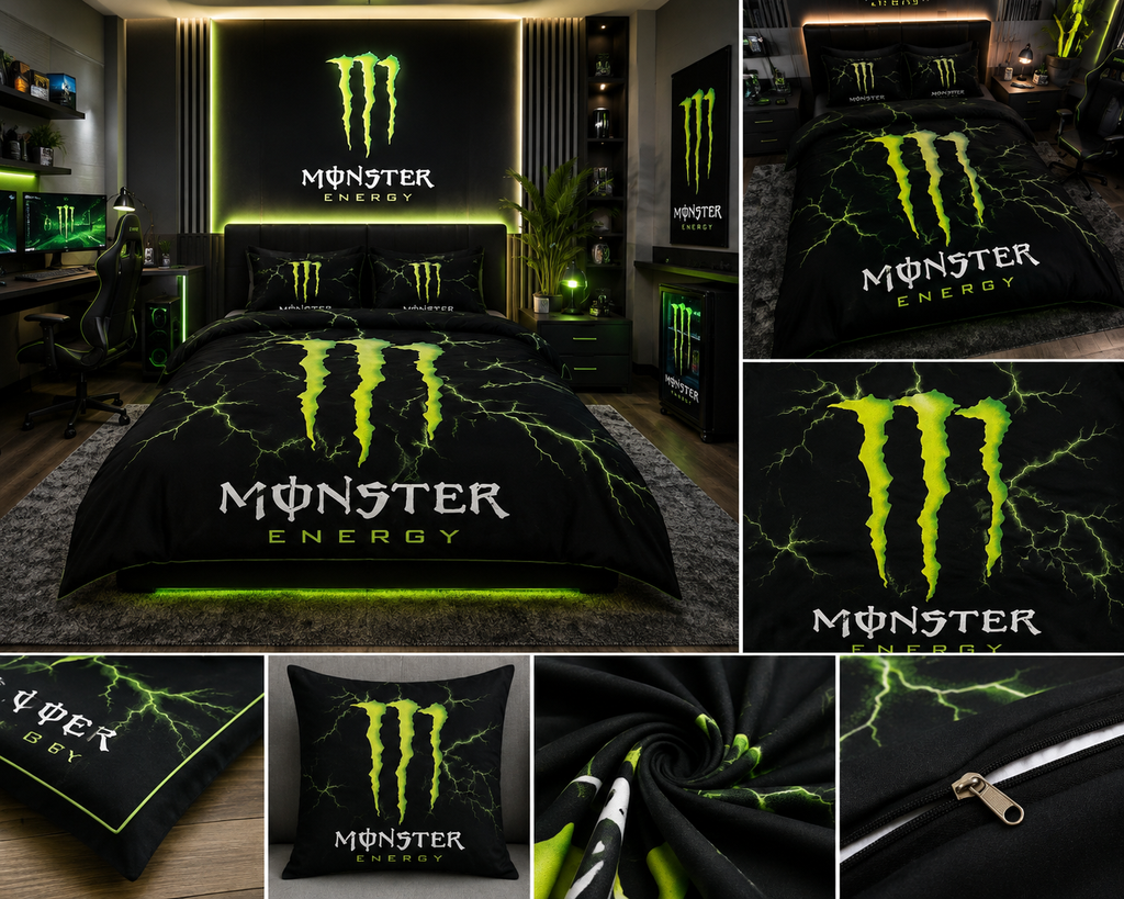 Monster Energy Black & Neon Green Comforter Set – Electric Gaming Style Bedding