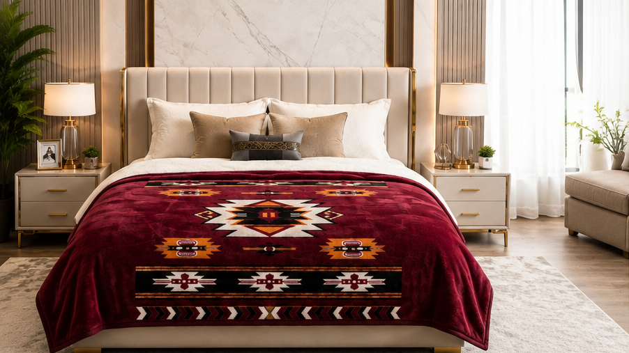 Burgundy Southwestern Geometric Luxury Plush Blanket