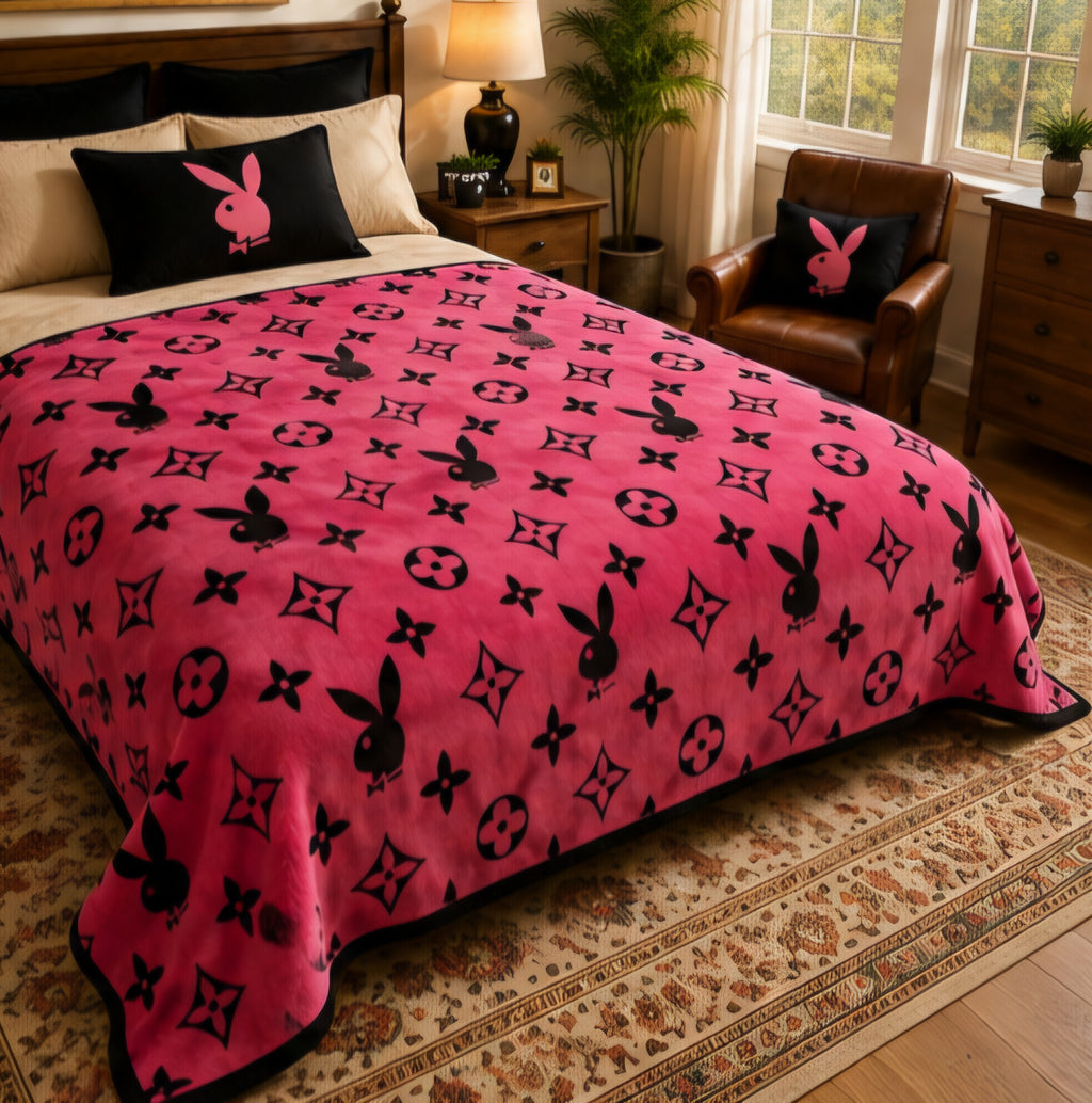 Pink & Black Bunny Monogram Luxury Plush Blanket