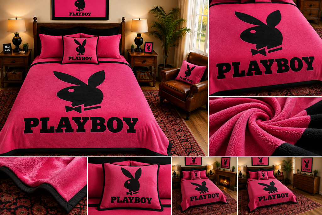 Pink & Black Bunny Logo Luxury Plush Blanket – Bold Modern Statement Bedding