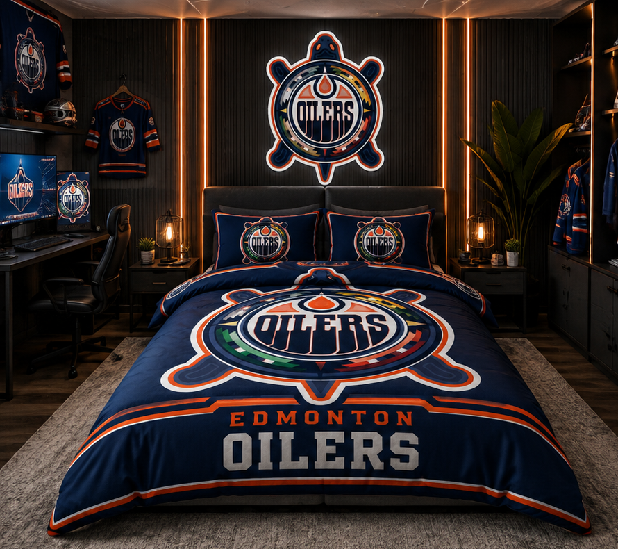 Edmonton Oilers Hockey Comforter Set – Navy Blue & Orange Fan Bedding