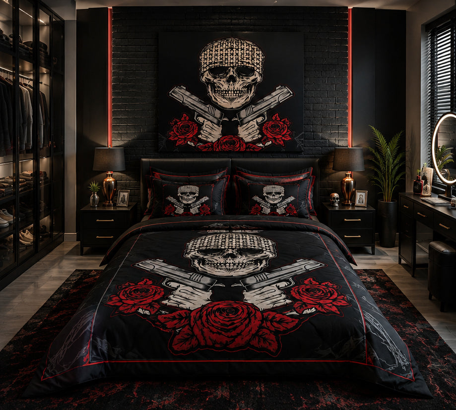 Black Skull & Red Roses Gothic Luxury Plush Blanket – Bold Dark Biker Style Bedding
