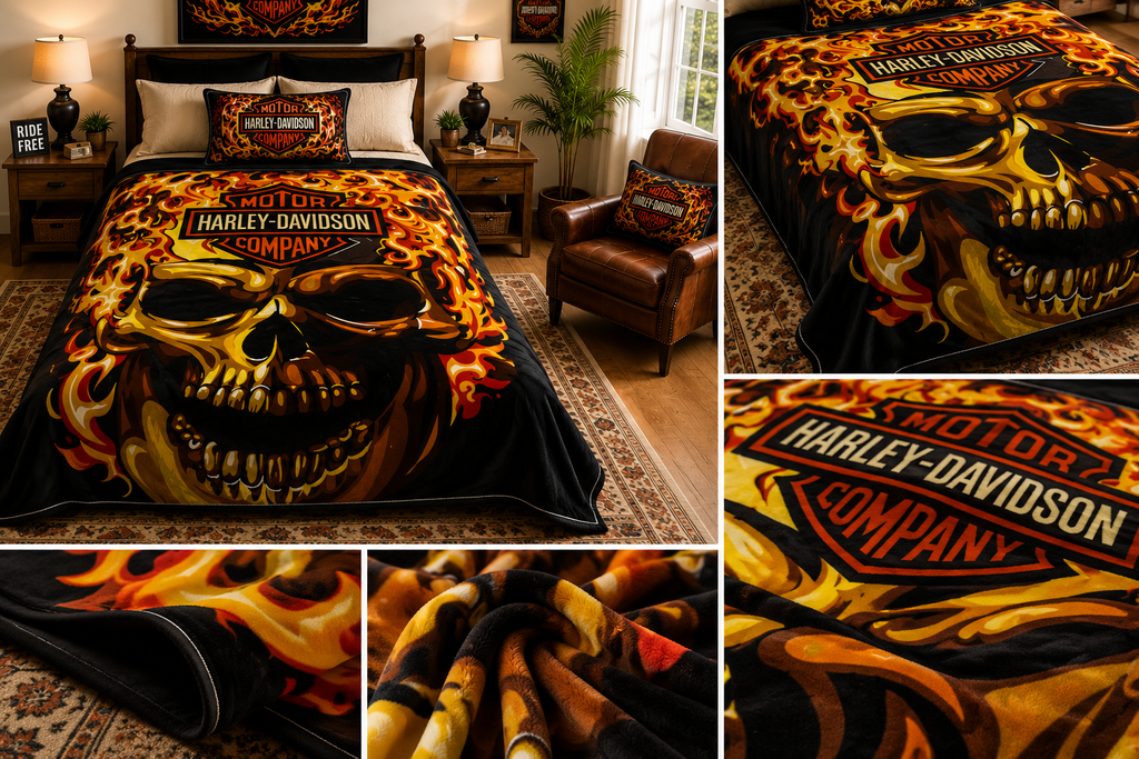 Flaming Biker Skull Motorcycle Luxury Plush Blanket – Black & Orange Design