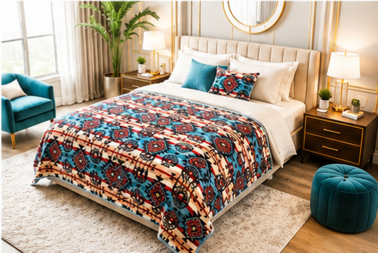Turquoise & Red Bohemian Geometric Luxury Plush Blanket