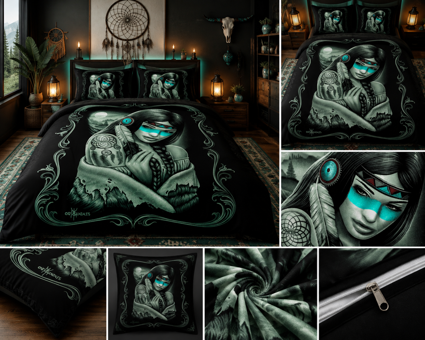 Mystic Dreamcatcher Woman Comforter Set – Black & Turquoise Spiritual Art Bedding