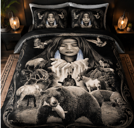 Spirit of the Wild Comforter Set – Indigenous-Inspired Woman, Bear & Wildlife Bedding