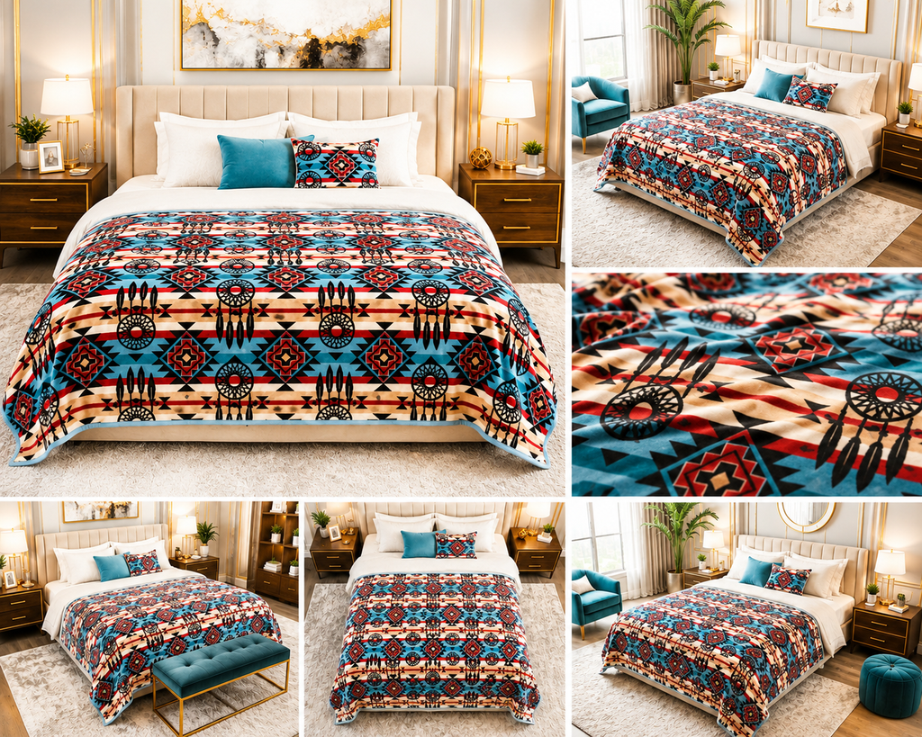 Turquoise & Red Bohemian Geometric Luxury Plush Blanket