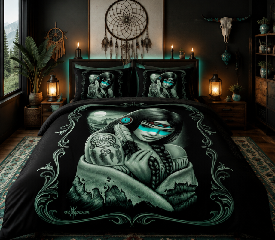Mystic Dreamcatcher Woman Comforter Set – Black & Turquoise Spiritual Art Bedding
