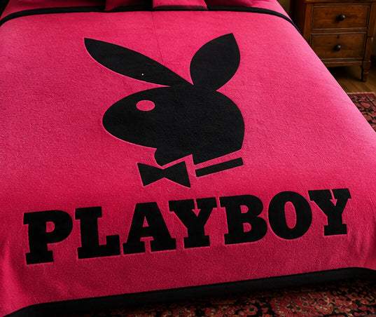 Pink & Black Bunny Logo Luxury Plush Blanket – Bold Modern Statement Bedding