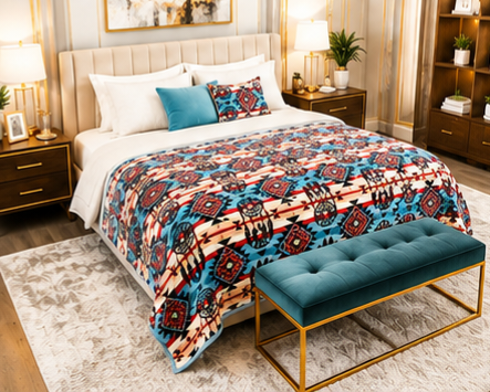 Turquoise & Red Bohemian Geometric Luxury Plush Blanket