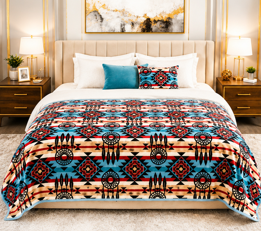 Turquoise & Red Bohemian Geometric Luxury Plush Blanket