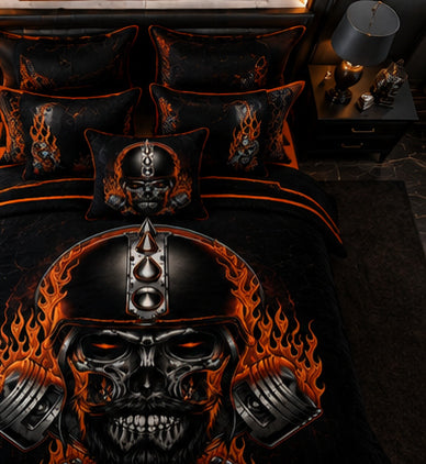 Black & Orange Flaming Biker Skull Luxury Plush Blanket – Motorcycle Engine Gothic Bedding
