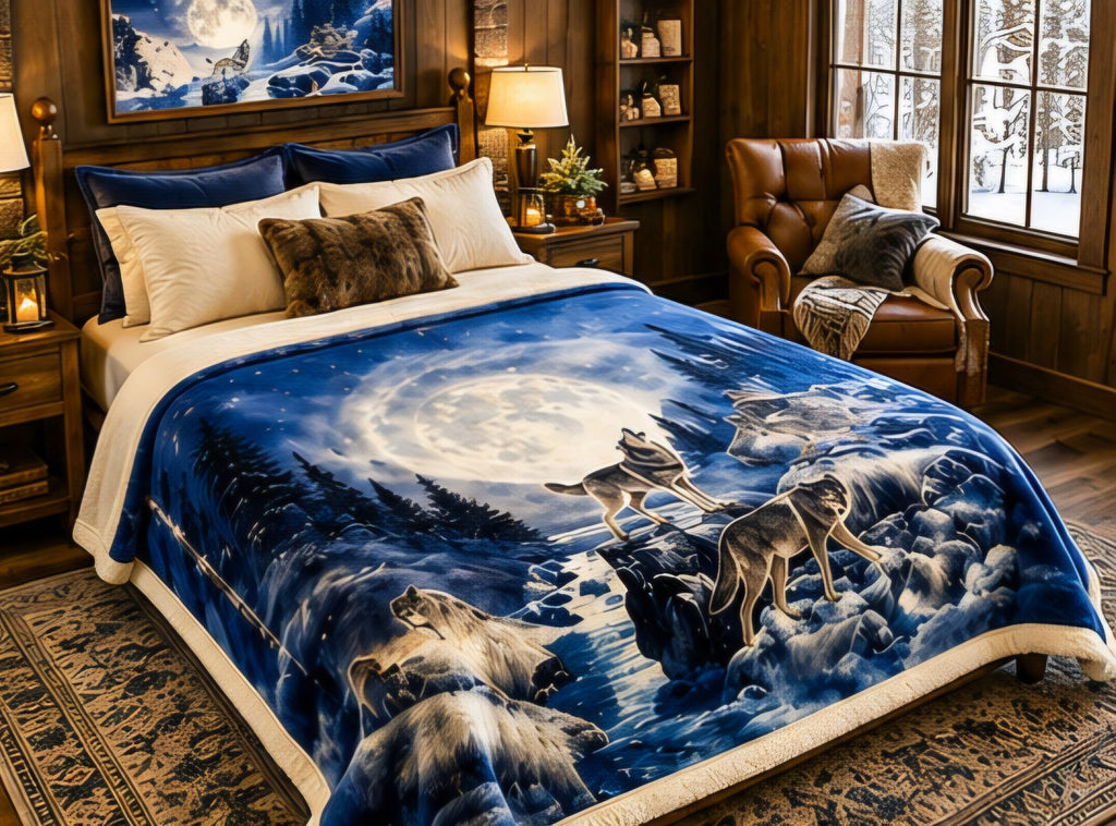 Moonlit Wolves Winter Wilderness Luxury Plush Blanket