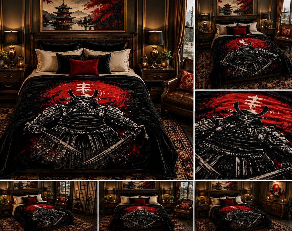 Crimson Samurai Warrior Japanese Luxury Plush Blanket