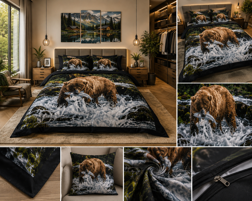 Grizzly Bear Fishing in Mountain River Luxury Plush Blanket – Rustic Wildlife Nature Bedding