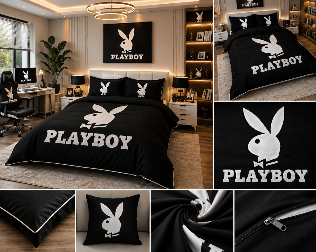 Playboy Black & White Luxury Comforter Set - Iconic Bunny Logo Premium Bedding