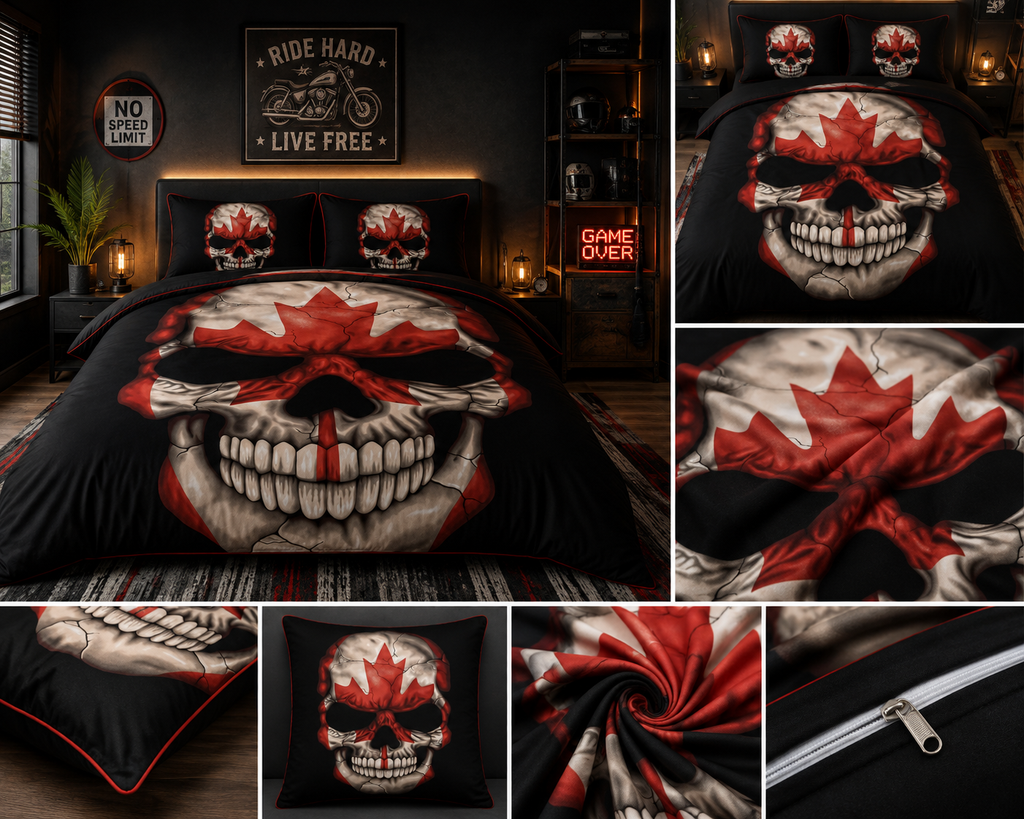 Canadian Skull Comforter Set – Red & White Maple Leaf Biker Style Bedding