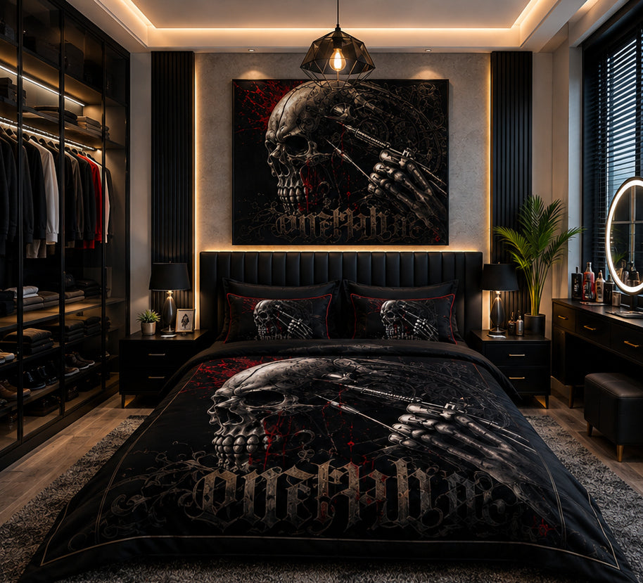 Dark Gothic Skull Revolver Luxury Plush Blanket – Black & Red Skull Statement Bedding