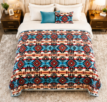 Turquoise & Red Bohemian Geometric Luxury Plush Blanket