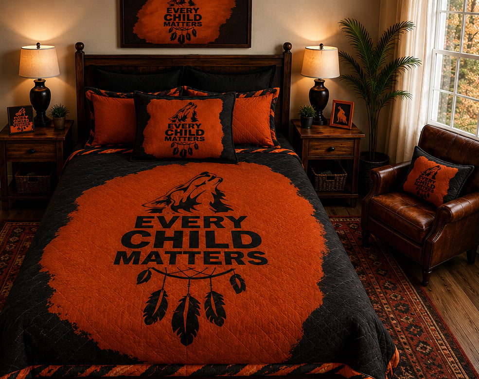 Every Child Matters Orange & Black Indigenous-Inspired Plush Blanket – Meaningful Wolf & Dreamcatcher Design
