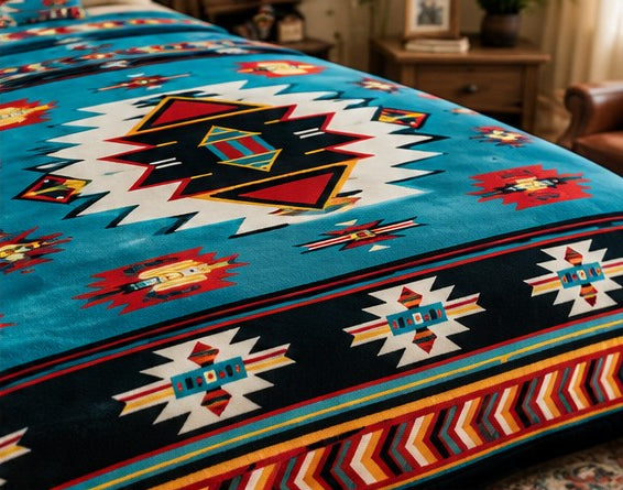 Turquoise Southwestern Geometric Luxury Plush Blanket – Colorful Tribal-Inspired Bedding