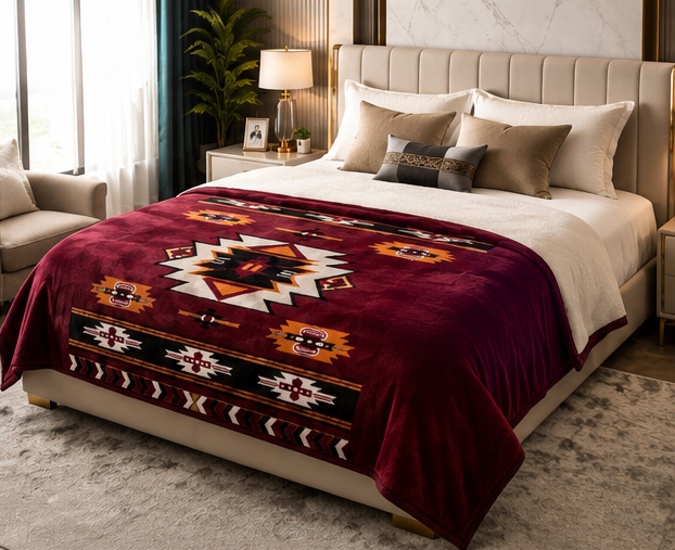 Burgundy Southwestern Geometric Luxury Plush Blanket