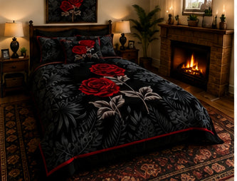 Black & Red Rose Floral Luxury Plush Blanket – Elegant Gothic Botanical Bedding