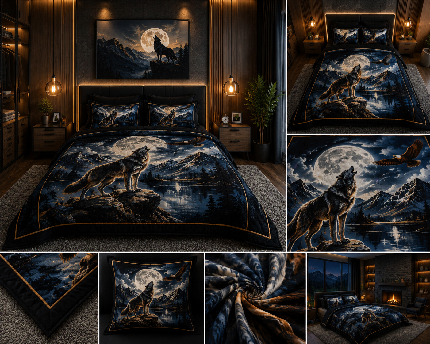 Majestic Wolf Under Full Moon Mountain Night Luxury Plush Blanket – Dark Blue Wildlife Bedding