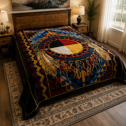 Native-Inspired Medicine Wheel & Feather Luxury Plush Blanket