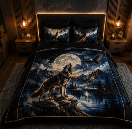 Majestic Wolf Under Full Moon Mountain Night Luxury Plush Blanket – Dark Blue Wildlife Bedding
