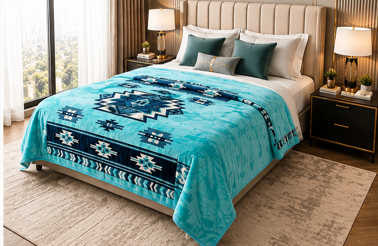Turquoise Southwestern Geometric Luxury Plush Blanket