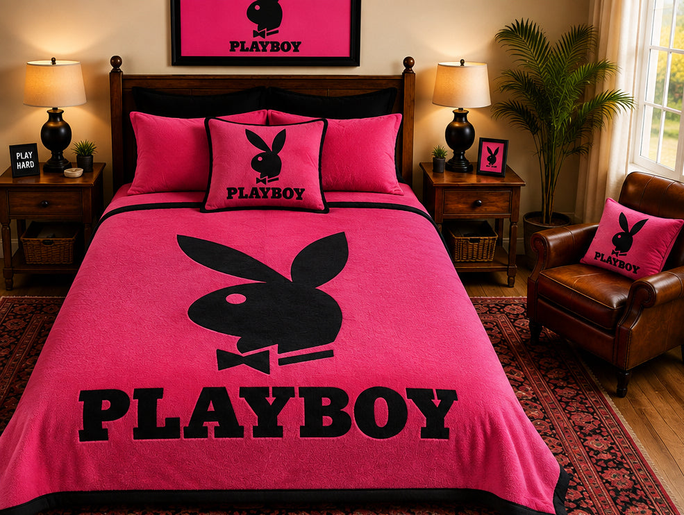 Pink & Black Bunny Logo Luxury Plush Blanket – Bold Modern Statement Bedding