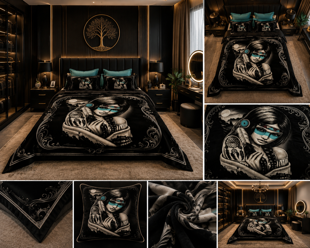 Turquoise Native-Inspired Woman Dreamcatcher Luxury Plush Blanket – Black Western Fantasy Bedding