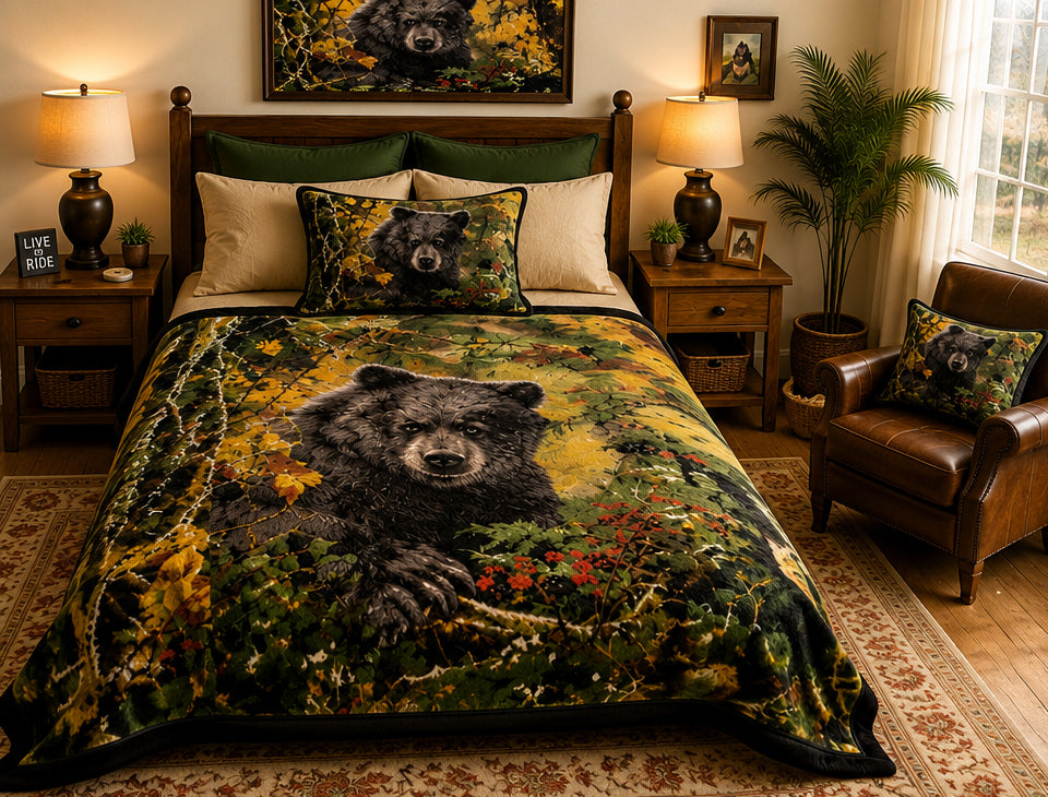 Black Bear Forest Wildlife Luxury Plush Blanket – Rustic Woodland Nature Bedding