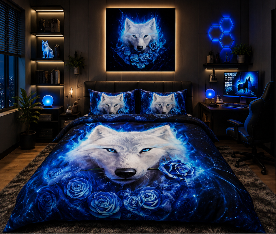 Mystic Blue Wolf & Roses Comforter Set – Fantasy Galaxy Luxury Bedding